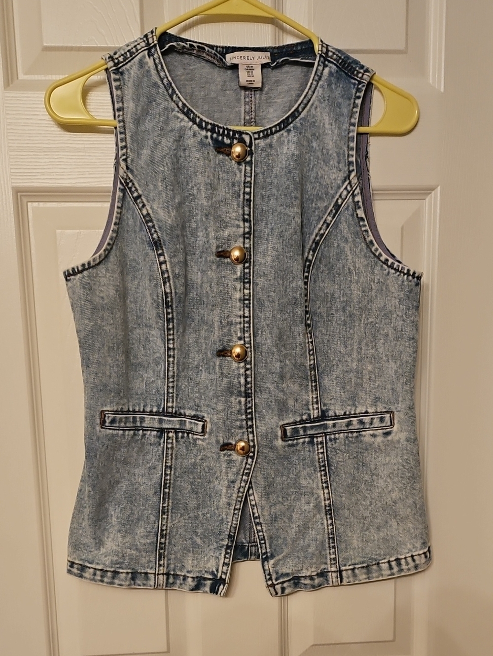 Sincerely Jules Light Blue Acid-Wash Denim Vest with Gold Stitching